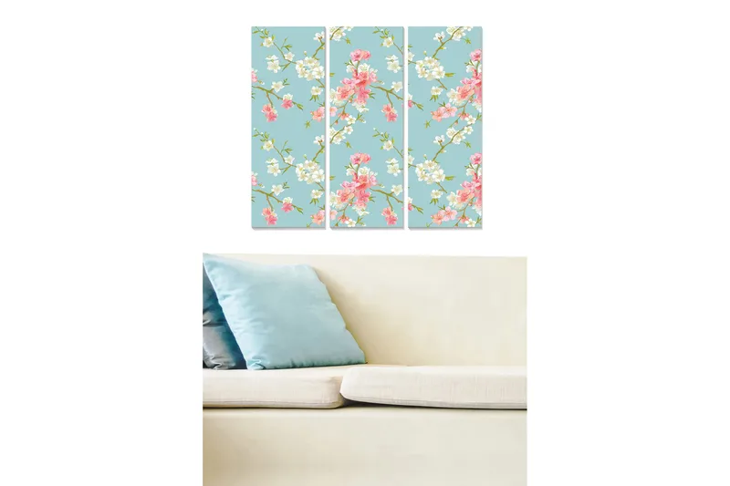 Canvastavla i trä 3-delar 50x70 cm - Blommig komposition med rosa och vita blommor på ljusblå bakgrund, Ljusblå / Rosa / Vit
