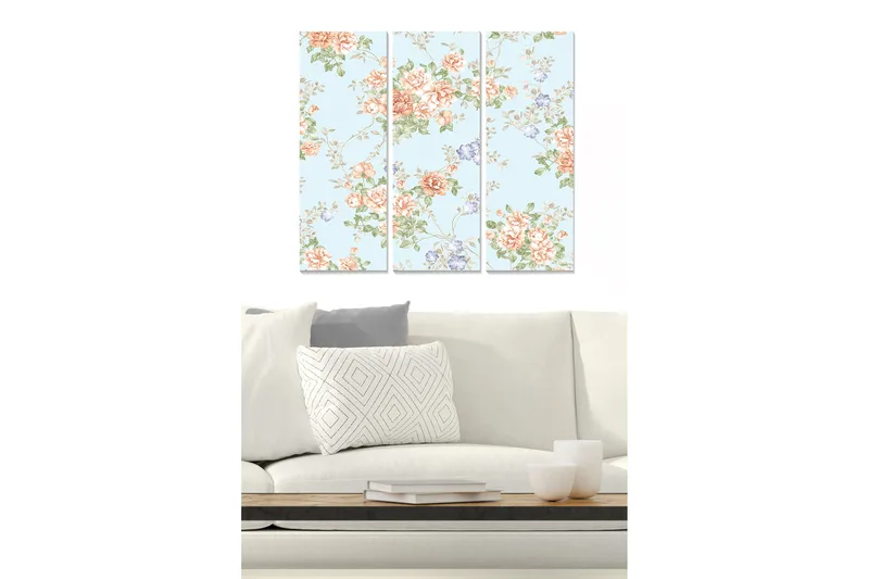 Canvastavla i trä 3-delar 50x70 cm - Blommig komposition med rosor och små blommor - Ljusblå / Korall / Grön - Inredning & dekor - Tavlor & konst - Canvastavla