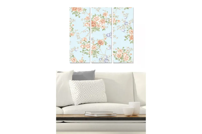 Canvastavla i trä 3-delar 50x70 cm - Blommig komposition med rosor och små blommor, Ljusblå / Korall / Grön