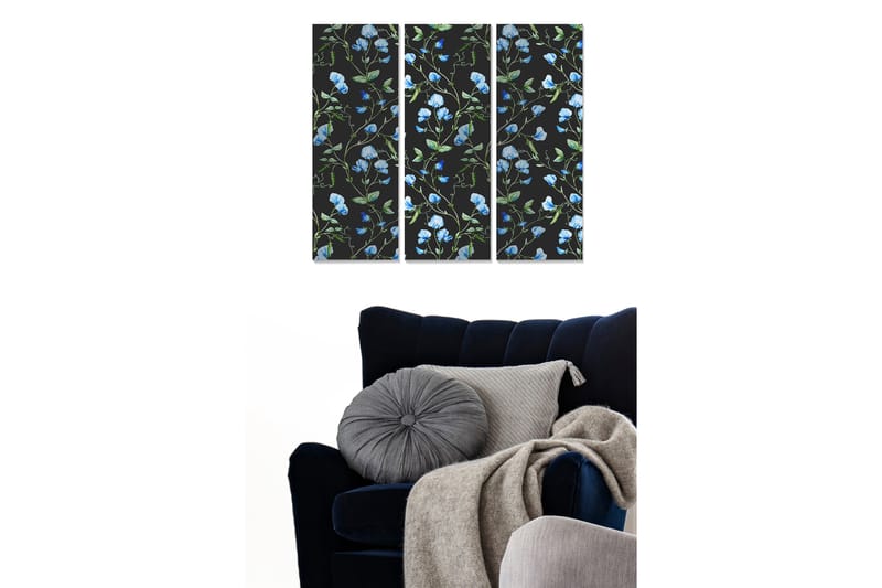Canvastavla i trä 3-delar 50x70 cm - Blommönster med blå ärtor på svart bakgrund, Blå / Grön / Svart