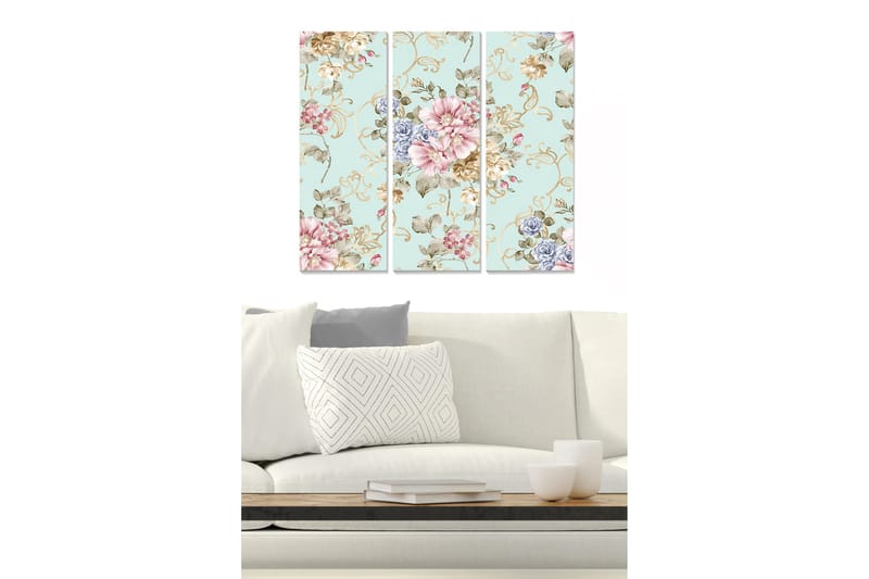 Canvastavla i trä 3-delar 50x70 cm - Blommönster med pastellfärger och eleganta detaljer - Ljusblå / Rosa / Beige - Inredning & dekor - Tavlor & konst - Canvastavla