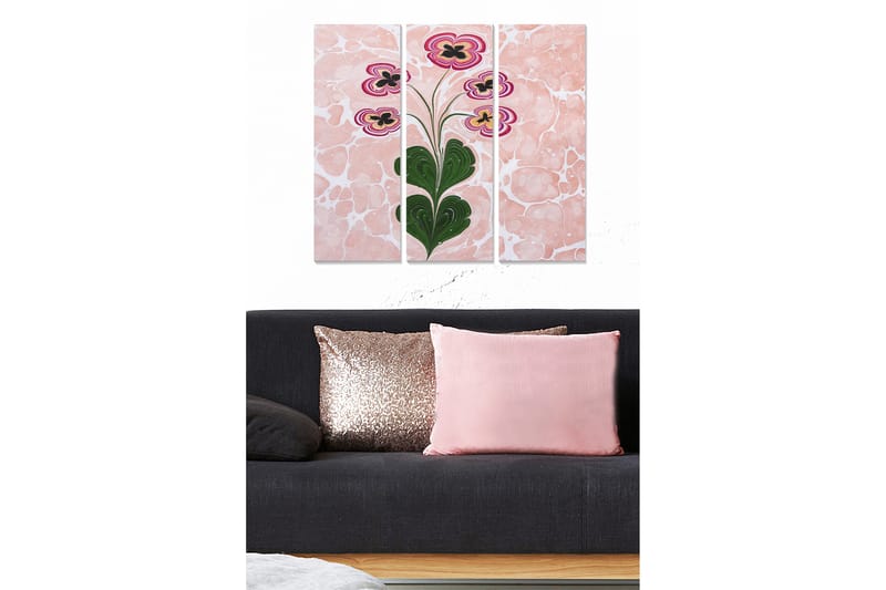Canvastavla i trä 3-delar 50x70 cm - Blommor med rosa och svarta detaljer, Rosa / Grön / Svart