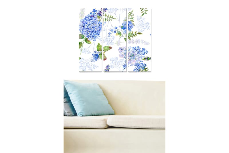 Canvastavla i trä 3-delar 50x70 cm - Blomsterarrangemang med blå hortensior och gröna blad, Blå / Grön