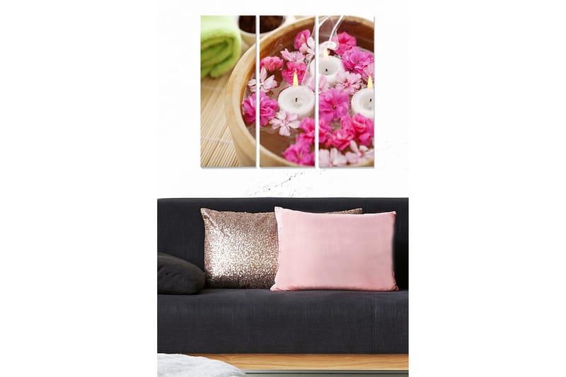 Canvastavla i trä 3-delar 50x70 cm - Blomsterarrangemang med flytande ljus i en skål, Rosa / Vit / Beige