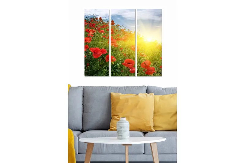 Canvastavla i trä 3-delar 50x70 cm - Blomsterfält med röda vallmo i soluppgång - Röd / Grön / Gul - Inredning & dekor - Tavlor & konst - Canvastavla