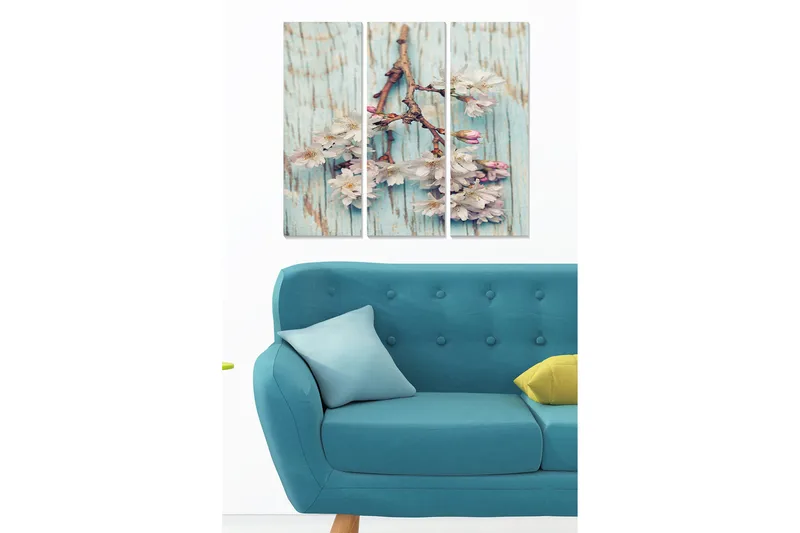 Canvastavla i trä 3-delar 50x70 cm - Blomstergren med rosa blommor mot en ljusblå bakgrund - Ljusblå / Rosa - Inredning & dekor - Tavlor & konst - Canvastavla