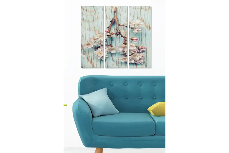 Canvastavla i trä 3-delar 50x70 cm - Blomstergren med rosa blommor mot en ljusblå bakgrund - Ljusblå / Rosa - Inredning & dekor - Tavlor & konst - Canvastavla