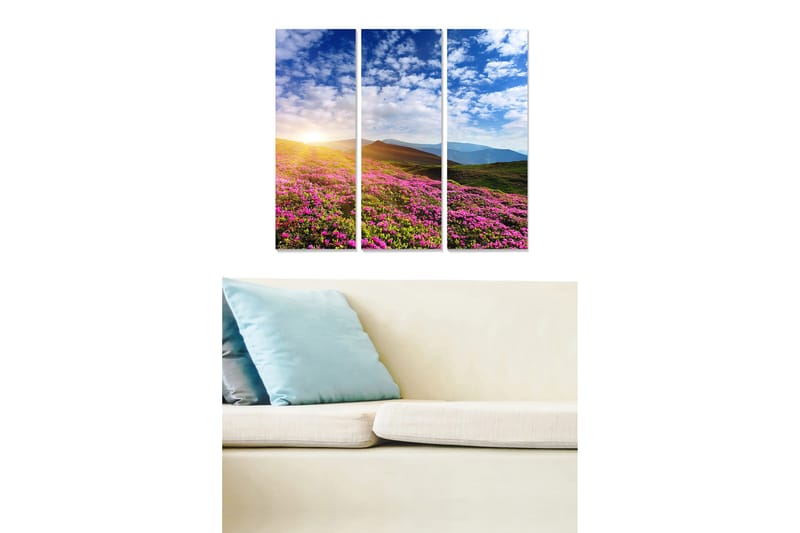 Canvastavla i trä 3-delar 50x70 cm - Blomstrande äng med färgglada blommor och en soluppgång i bakgrunden, Rosa / Grön / Blå