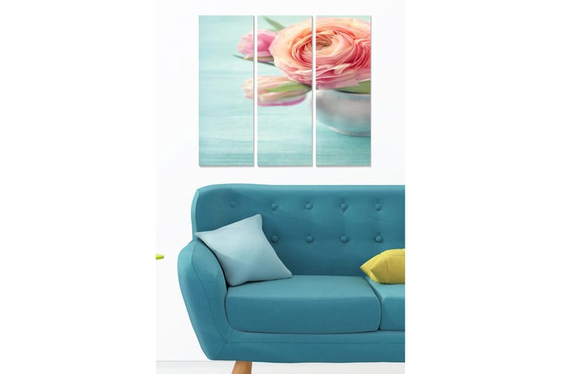 Canvastavla i trä 3-delar 50x70 cm - Bukett av rosa blommor i en silverfärgad vas, Rosa / Grön / Silver