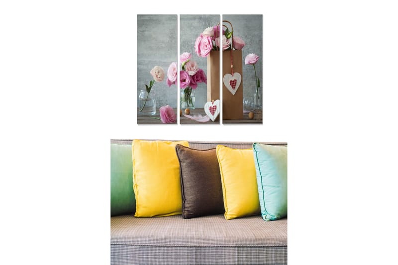 Canvastavla i trä 3-delar 50x70 cm - Bukett av rosa blommor i en papperspåse - Rosa / Grå / Vit - Inredning & dekor - Tavlor & konst - Canvastavla