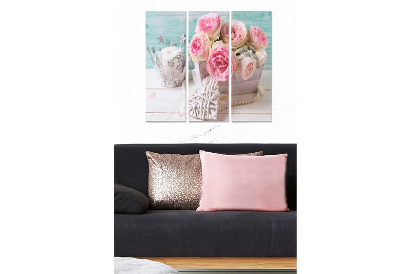Canvastavla i trä 3-delar 50x70 cm - Bukett av rosa rosor i en träkorg, Rosa / Grå / Vit