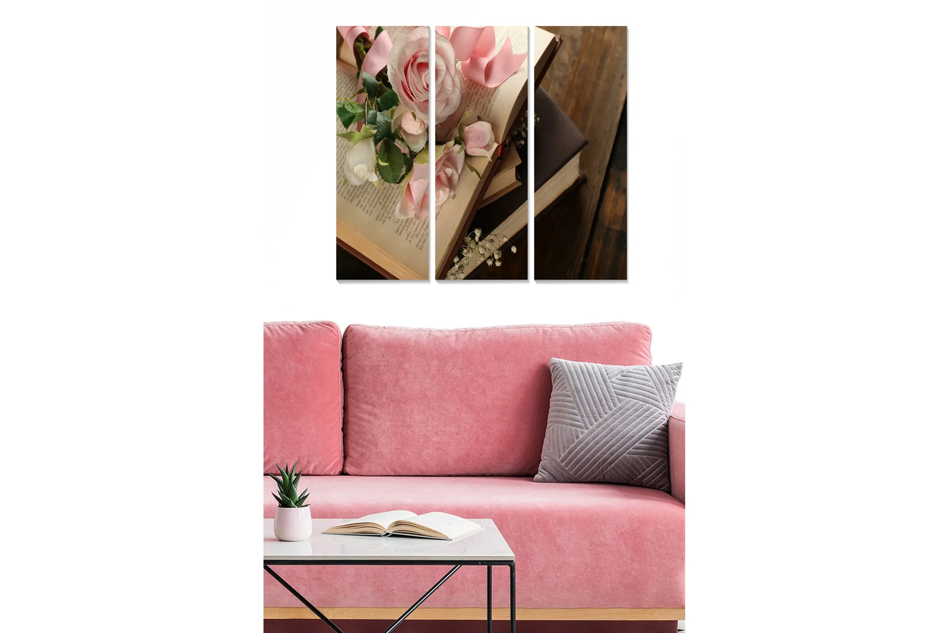 canvastavla-i-tr-3-delar-50x70-cm-bukett-av-rosa-rosor-och-b-cker