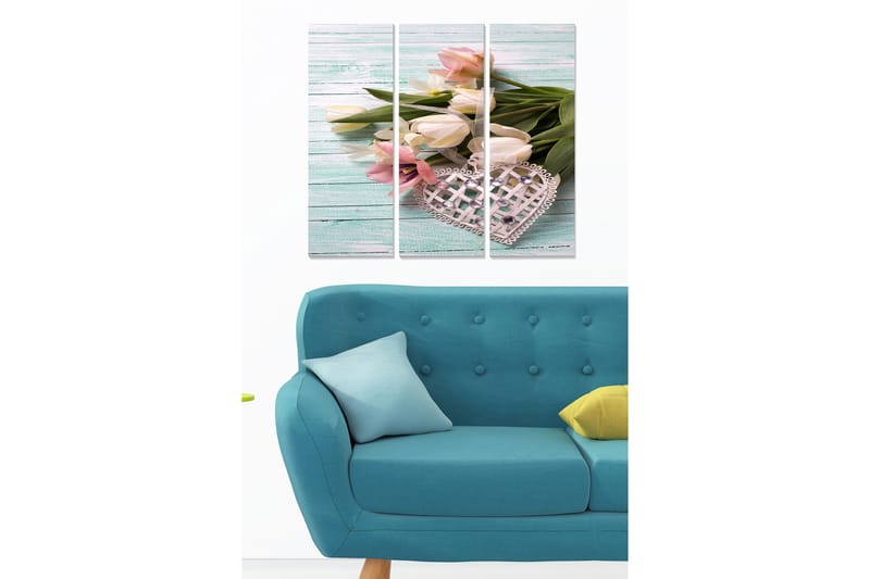 Canvastavla i trä 3-delar 50x70 cm - Bukett av tulpaner i pastellfärger med ett dekorativt hjärta - Rosa / Vit / Grön - Inredning & dekor - Tavlor & konst - Canvastavla