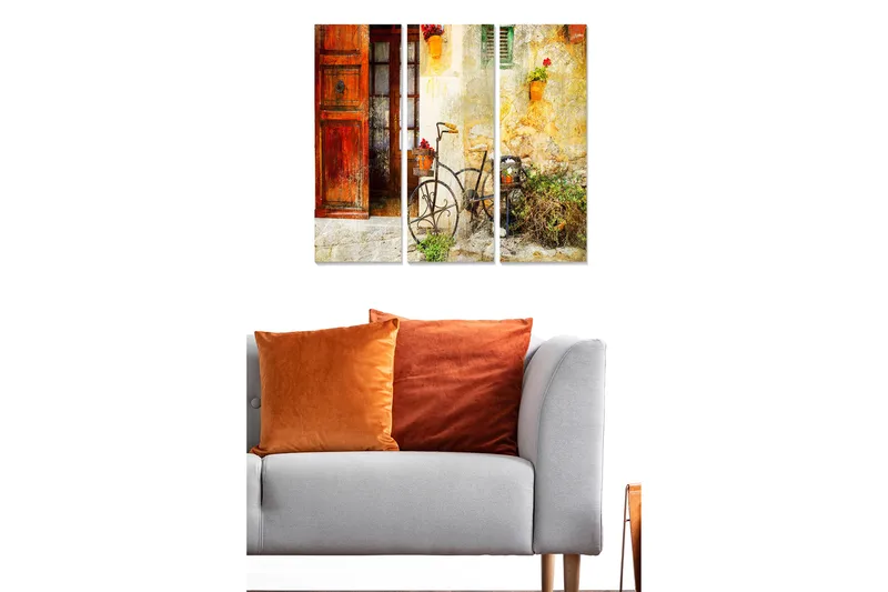 Canvastavla i trä 3-delar 50x70 cm - Charmig cykel framför en färgglad dörr och vägg med blommor, Röd / Gul / Grön