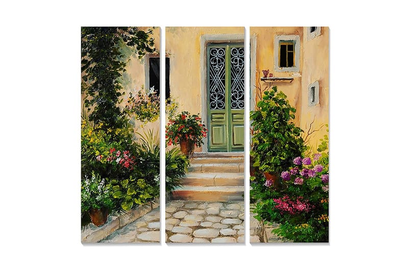 Canvastavla i trä 3-delar 50x70 cm - Charmig entré med blomstrande trädgård - Grön / Rosa / Gul - Inredning & dekor - Tavlor & konst - Canvastavla