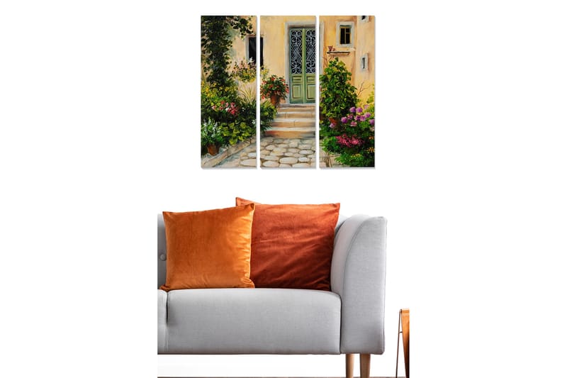 Canvastavla i trä 3-delar 50x70 cm - Charmig entré med blomstrande trädgård - Grön / Rosa / Gul - Inredning & dekor - Tavlor & konst - Canvastavla