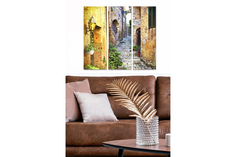 Canvastavla i trä 3-delar 50x70 cm - Charmig gränd med stenbeläggning och växtlighet, Guld / Grön / Röd