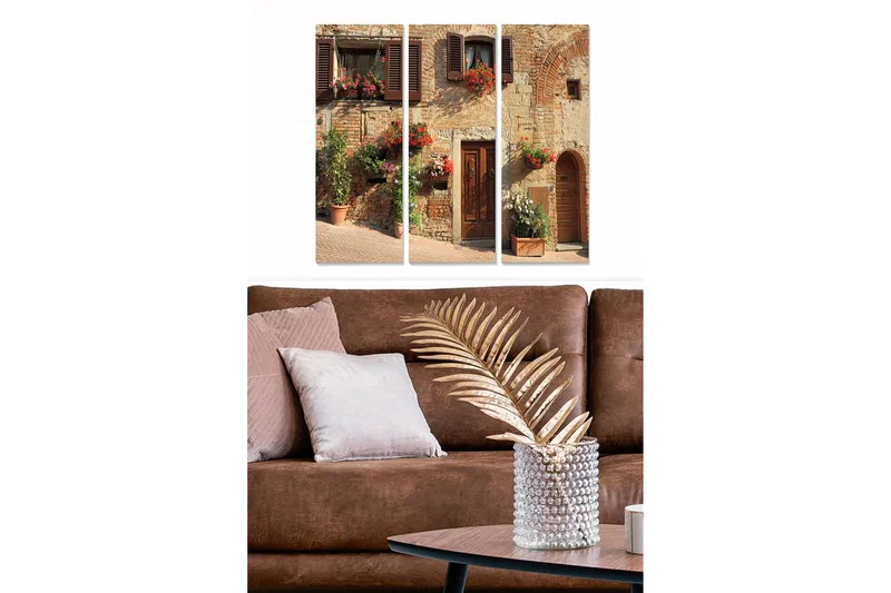 Canvastavla i trä 3-delar 50x70 cm - Charmig italiensk husfasad med blommor i fönstren - Terrakotta / Grå / Grön - Inredning & dekor - Tavlor & konst - Canvastavla