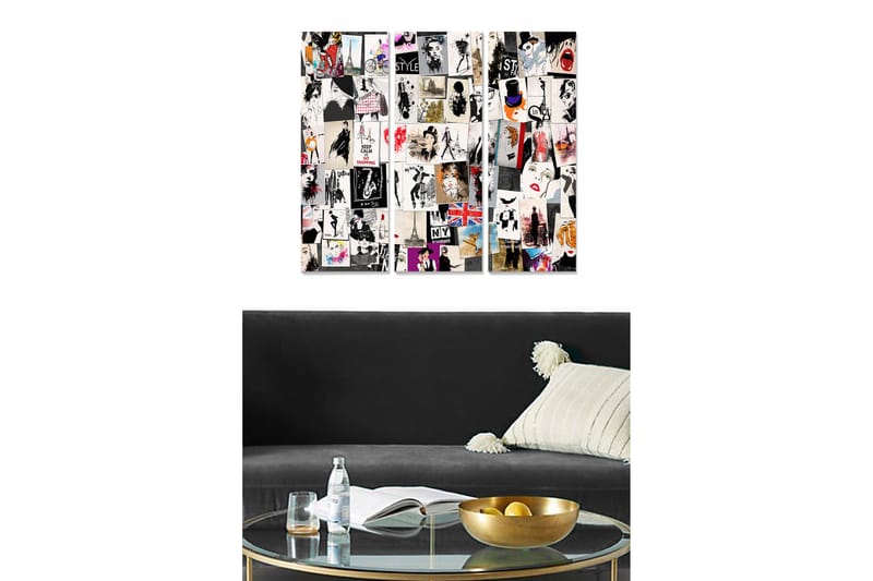 Canvastavla i trä 3-delar 50x70 cm - Collage av modeikoner och urbana motiv, Svart / Vitt / Röd