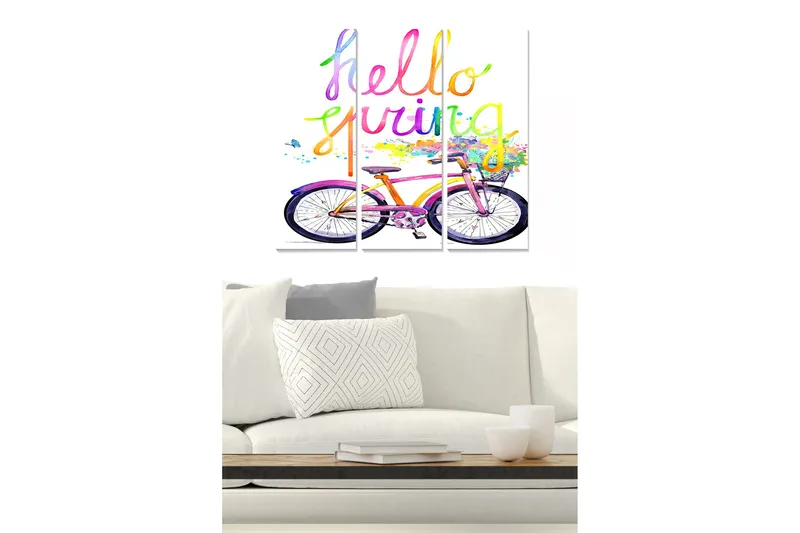 Canvastavla i trä 3-delar 50x70 cm - Cykel med färgglad text som hälsar våren - Rosa / Lila / Gul - Inredning & dekor - Tavlor & konst - Canvastavla