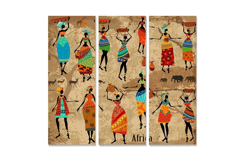 Canvastavla i trä 3-delar 50x70 cm - Dansande kvinnor med färgglada kläder och traditionella mönster - Blå / Röd / Grön - Inredning & dekor - Tavlor & konst - Canvastavla