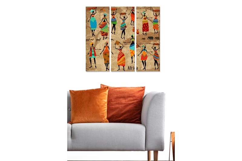 Canvastavla i trä 3-delar 50x70 cm - Dansande kvinnor med färgglada kläder och traditionella mönster - Blå / Röd / Grön - Inredning & dekor - Tavlor & konst - Canvastavla