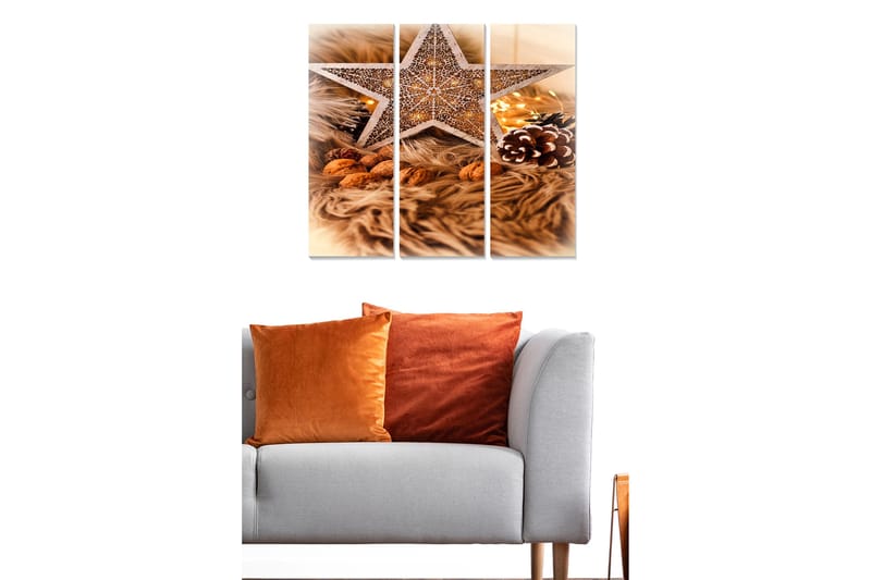 Canvastavla i trä 3-delar 50x70 cm - Dekorativ stjärna med julkänsla omgiven av nötter och granris - Beige / Brunt / Guld - Inredning & dekor - Tavlor & konst - Canvastavla