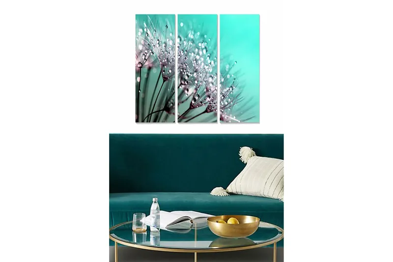Canvastavla i trä 3-delar 50x70 cm - Delikat blomsterkomposition med vattendroppar, Turkos / Vit / Rosa