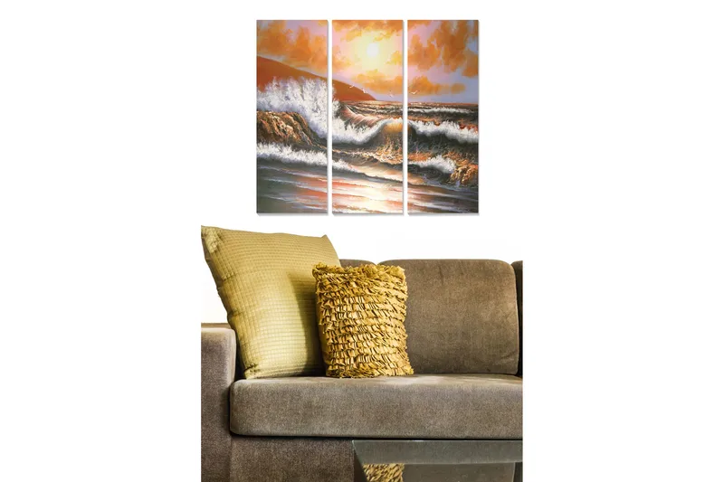 Canvastavla i trä 3-delar 50x70 cm - Dramatiska havsvågor under en solnedgång, Orange / Blå / Vit