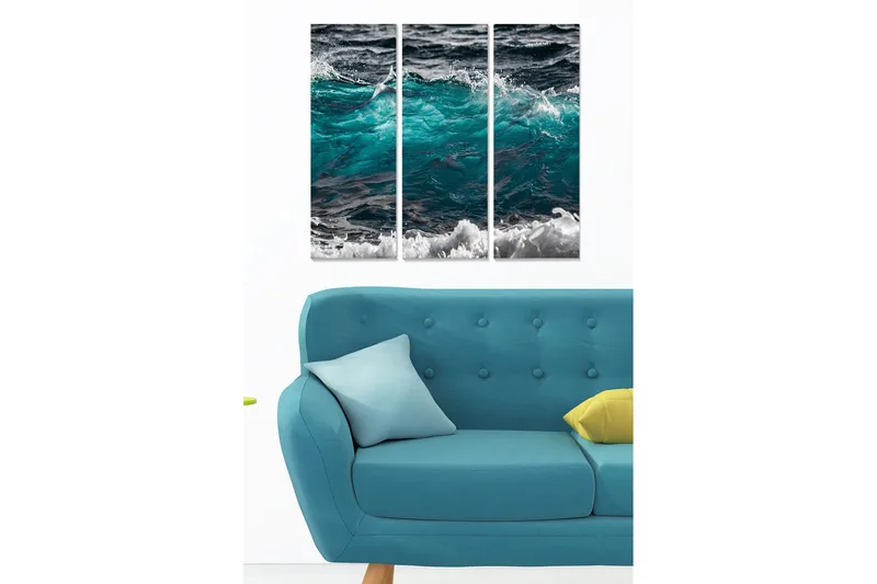 Canvastavla i trä 3-delar 50x70 cm - Dynamiska vågor i turkost och svart, Turkos / Svart