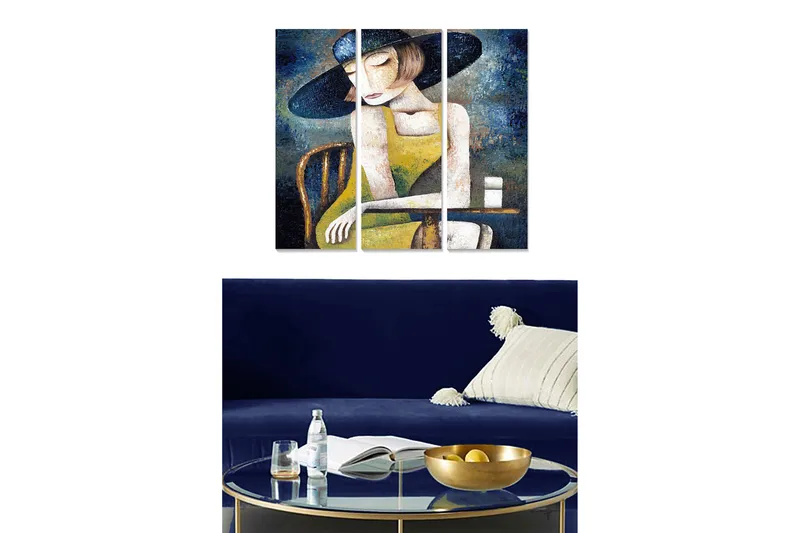 Canvastavla i trä 3-delar 50x70 cm - Eftertänksam kvinna med hatt i en gul klänning - Mörkblå / Gul / Vit - Inredning & dekor - Tavlor & konst - Canvastavla