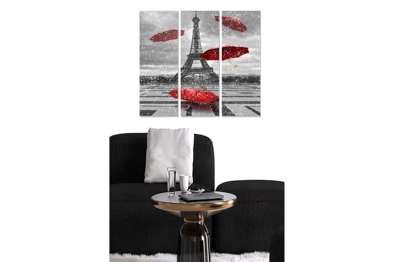 Canvastavla i trä 3-delar 50x70 cm - Eiffeltornet omgiven av röda paraplyer i en gråskala miljö - Röd / Grå - Inredning & dekor - Tavlor & konst - Canvastavla