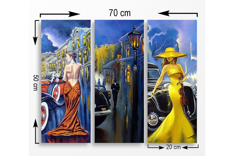Canvastavla i trä 3-delar 50x70 cm - Eleganta kvinnor i färgglada klänningar framför klassiska bilar - Gult / Orange / Blått - Inredning & dekor - Tavlor & konst - Canvastavla