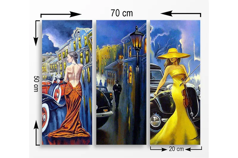 Canvastavla i trä 3-delar 50x70 cm - Eleganta kvinnor i färgglada klänningar framför klassiska bilar - Gult / Orange / Blått - Inredning & dekor - Tavlor & konst - Canvastavla