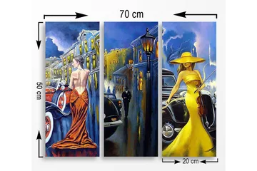 Canvastavla i trä 3-delar 50x70 cm - Eleganta kvinnor i färgglada klänningar framför klassiska bilar - Gult / Orange / Blått - Inredning & dekor - Tavlor & konst - Canvastavla