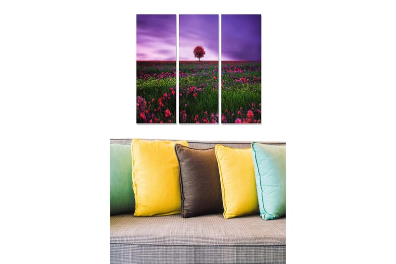 Canvastavla i trä 3-delar 50x70 cm - Ensam rosa träd i en blomstrande äng under en lila himmel, Lila / Rosa / Grön