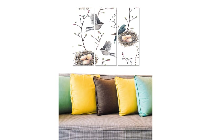 Canvastavla i trä 3-delar 50x70 cm - Fåglar som bygger bo med ägg i en grenstruktur, Grön / Brun / Beige