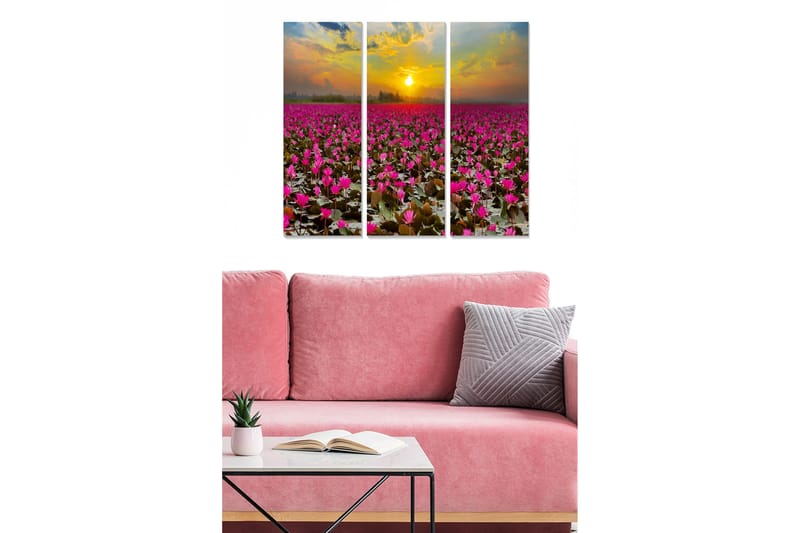 Canvastavla i trä 3-delar 50x70 cm - Fält av rosa näckrosor under en solnedgång - Rosa / Grön / Gul - Inredning & dekor - Tavlor & konst - Canvastavla