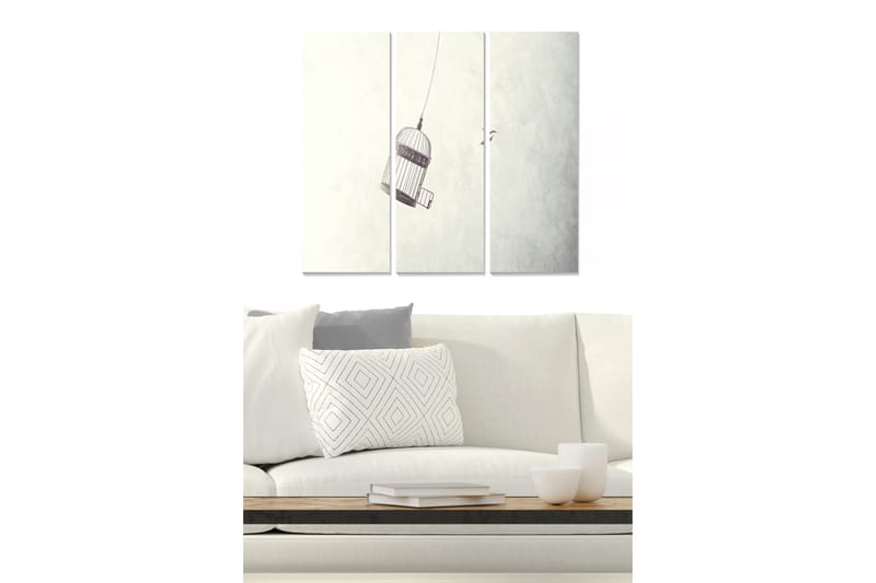 Canvastavla i trä 3-delar 50x70 cm - Fängslad fågelbur hängande i luften, Grå / Vit / Svart