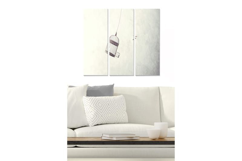 Canvastavla i trä 3-delar 50x70 cm - Fängslad fågelbur hängande i luften - Grå / Vit / Svart - Inredning & dekor - Tavlor & konst - Canvastavla