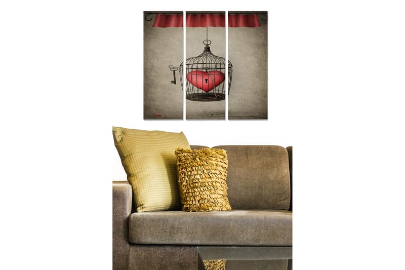 Canvastavla i trä 3-delar 50x70 cm - Fängslande fågelbur med ett hjärta inuti, Röd / Svart / Beige