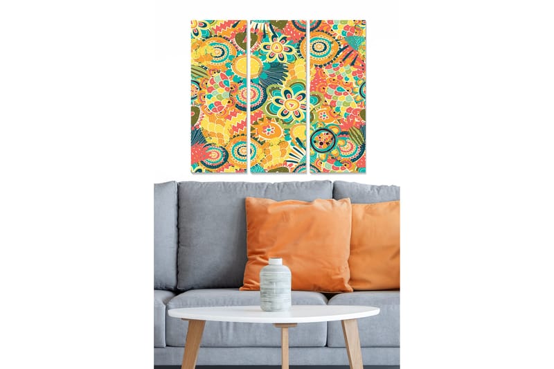 Canvastavla i trä 3-delar 50x70 cm - Färgglad abstrakt komposition med blommor och mönster - Gul / Röd / Grön - Inredning & dekor - Tavlor & konst - Canvastavla