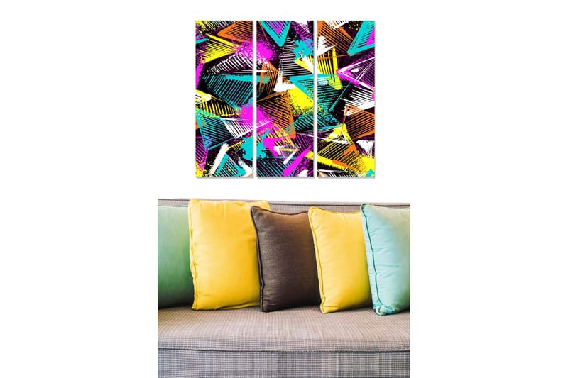 Canvastavla i trä 3-delar 50x70 cm - Färgglad abstrakt komposition med geometriska former - Lila / Turkos / Orange - Inredning & dekor - Tavlor & konst - Canvastavla