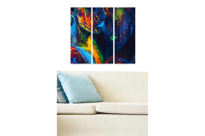 Canvastavla i trä 3-delar 50x70 cm - Färgglad abstraktion av ansikten med glittrande detaljer, Blå / Grön / Orange