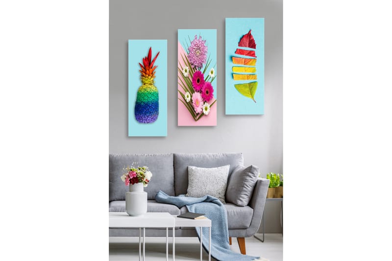 Canvastavla i trä 3-delar 50x70 cm - Färgglad ananas med regnbågsfärger - Grön / Blå / Röd - Inredning & dekor - Tavlor & konst - Canvastavla