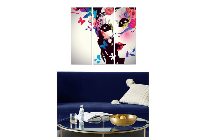 Canvastavla i trä 3-delar 50x70 cm - Färgglad ansiktskomposition med blommor och fjärilar, Svart / Rosa / Grön