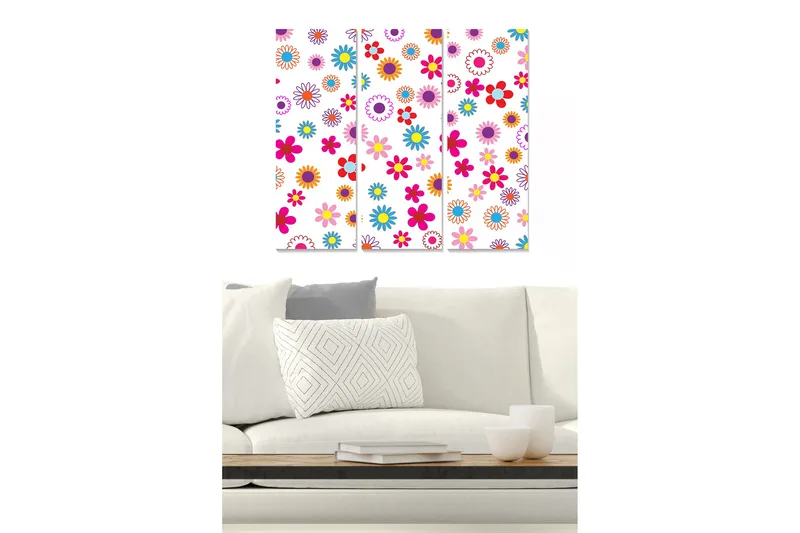 Canvastavla i trä 3-delar 50x70 cm - Färgglad blomsterdesign med varierande blommor - Rosa / Blå / Orange - Inredning & dekor - Tavlor & konst - Canvastavla