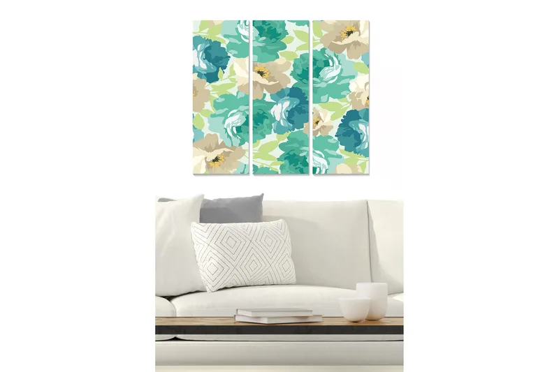 Canvastavla i trä 3-delar 50x70 cm - Färgglad blomsterkomposition med stora blommor, Turkos / Beige / Ljusgrön