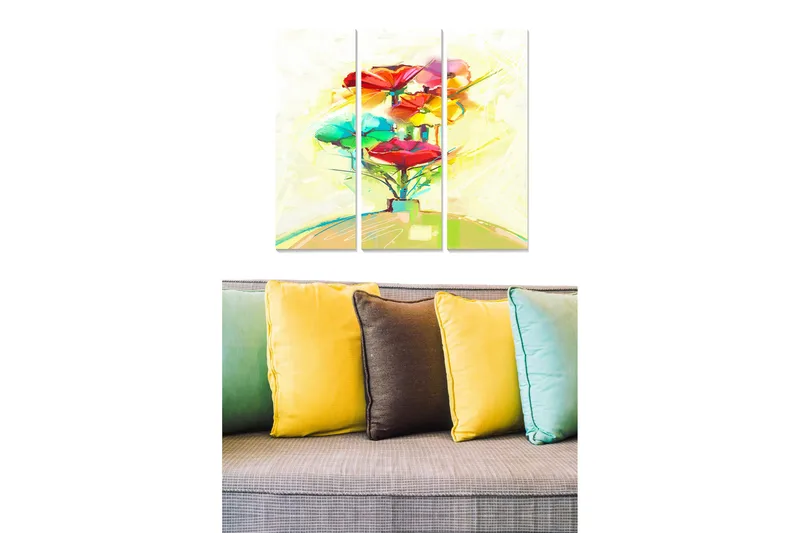 Canvastavla i trä 3-delar 50x70 cm - Färgglad blomsterträd med stora blommor i rött och grönt - Röd / Grön / Gul - Inredning & dekor - Tavlor & konst - Canvastavla