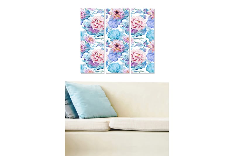 Canvastavla i trä 3-delar 50x70 cm - Färgglad bukett av blommor i akvarellstil, Rosa / Blå / Grön